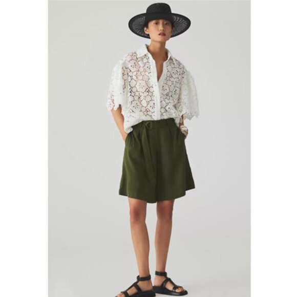 NWT-Anthropologie-Maeve-Cutout Lace Short Sleeve Shirt - White - XL - Picture 2 of 11